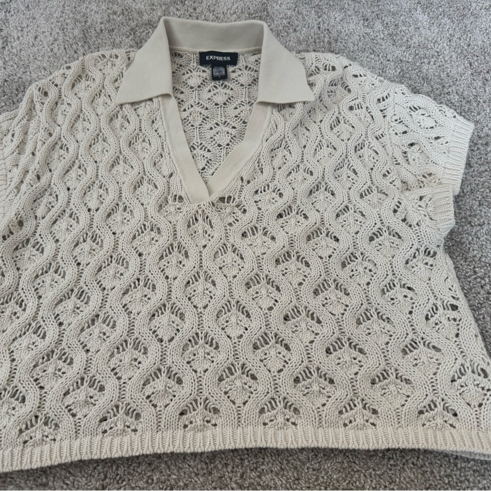 Express Cream Openwork Crochet Collared Vest